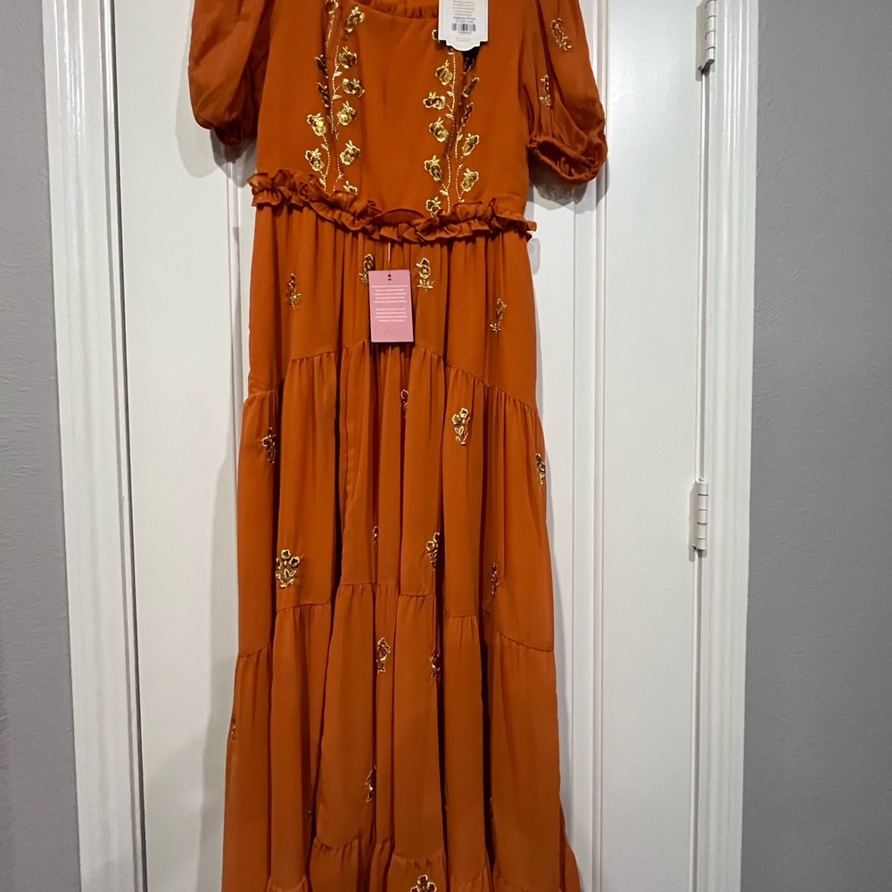 Ivy City Co "FOLKLORE" Maxi Dress Orange with Gold Embroidery